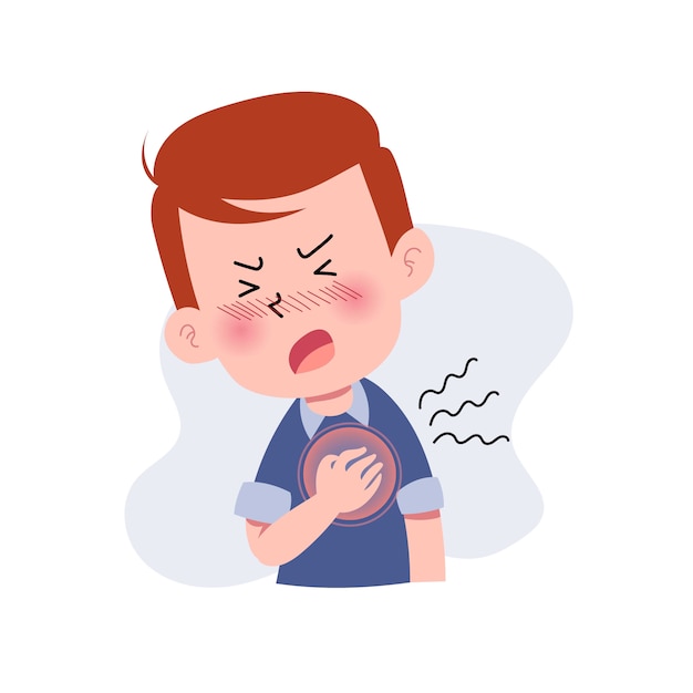 男の子か人か心臓発作の人 胸の痛みを持つキャラクター 心痛 顔の痛みを伴う表現 病気の概念 分離されました フラットな漫画のスタイルのイラスト 健康と医療 プレミアムベクター