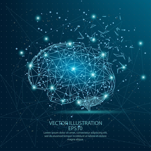 Brain form low poly wire frame on blue background. Premium Vector