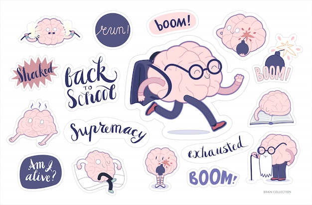 Brain stickers education and stress set Premium Vector