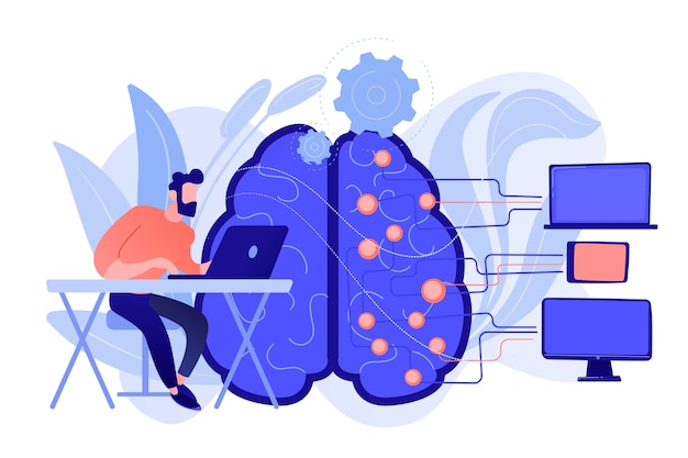 Brain with digital circuit and programmer with laptop. machine learning, artificial intelligence, digital brain and artificial thinking process concept. vector isolated illustration. Free Vector