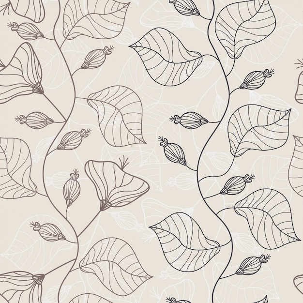 Branch with leaves line hand drawn seamless pattern | Premium Vector