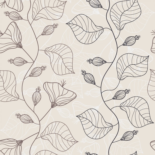 Premium Vector Branch With Leaves Line Hand Drawn Seamless Pattern