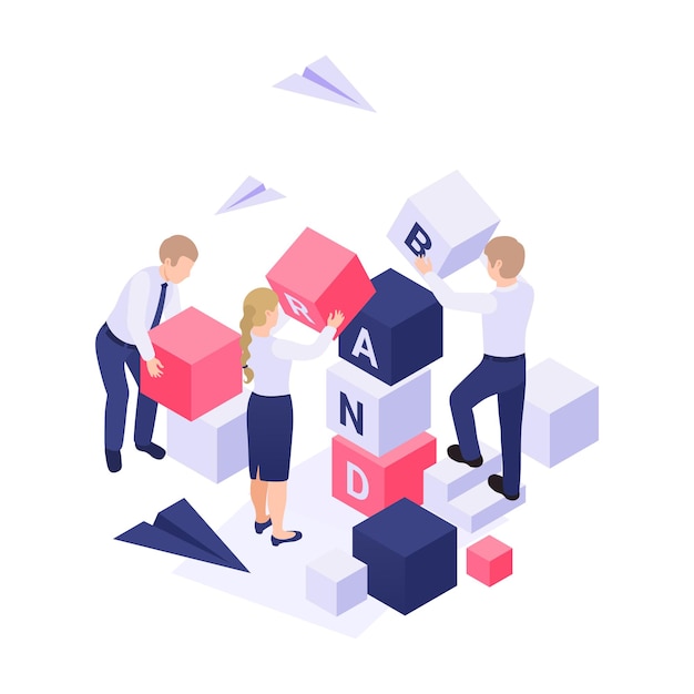 Brand building isometric concept with characters and colorful blocks 3d illustration Free Vector