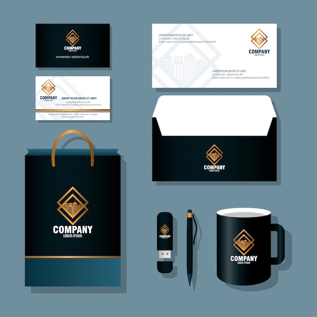 Download Premium Vector Brand Mockup Corporate Identity Mockup Of Stationery Supplies Black Color With Golden Sign Vector Illustration Design