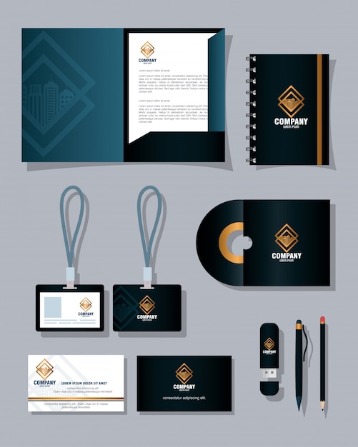 Download Premium Vector Brand Mockup Corporate Identity Mockup Stationery Supplies Black Color With Golden Sign Vector Illustration Design