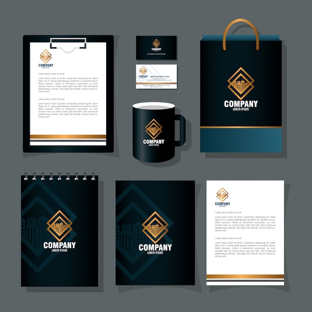 Download Premium Vector Brand Mockup Corporate Identity Mockup Of Stationery Supplies Black Color With Golden Sign Vector Illustration Design