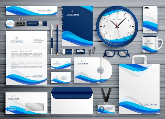 Brans stationery design for your business in blue wave style Premium Vector