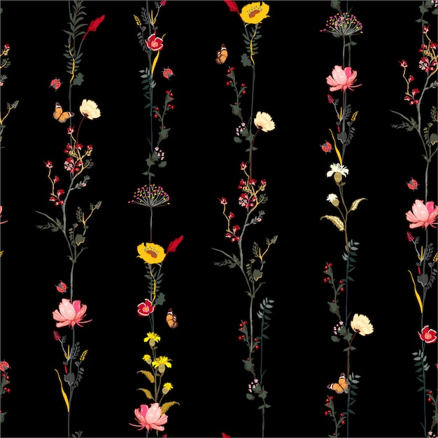 巧妙な暗い庭の夜スタイリッシュなベクトルイラストストライプ 垂直方向の行庭花植物デザイン ファッション 布 ウェブ 壁紙 プレミアムベクター