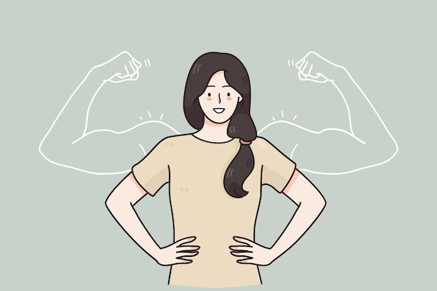 Brave confident smiling woman standing showing biceps shadows facing fears Premium Vector