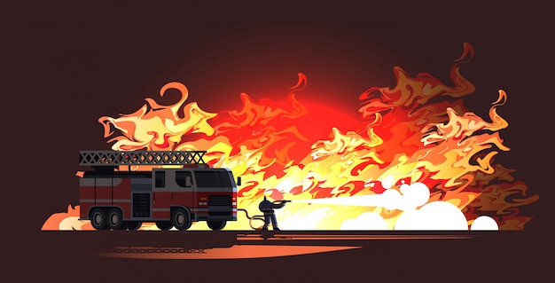 Premium Vector Brave Fireman Near Fire Truck Extinguishing Flame Firefighter Wearing Uniform And Helmet Spraying Water To Wildfire Firefighting Emergency Service Concept Flat Full Length Horizontal