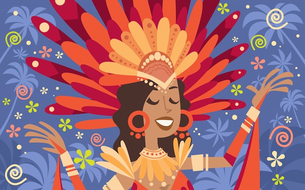 ブラジルカーニバルラテン女性着用明るい衣装伝統的なリオパーティーイラスト プレミアムベクター