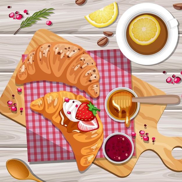 Premium Vector | Breakfast Croissant With A Cup Of Lemon Tea On The ...