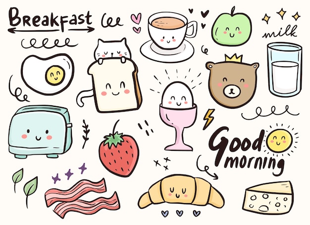 猫と食べ物のイラストと朝食かわいい落書き飾り猫と食べ物のイラストと朝食かわいい落書き飾り プレミアムベクター