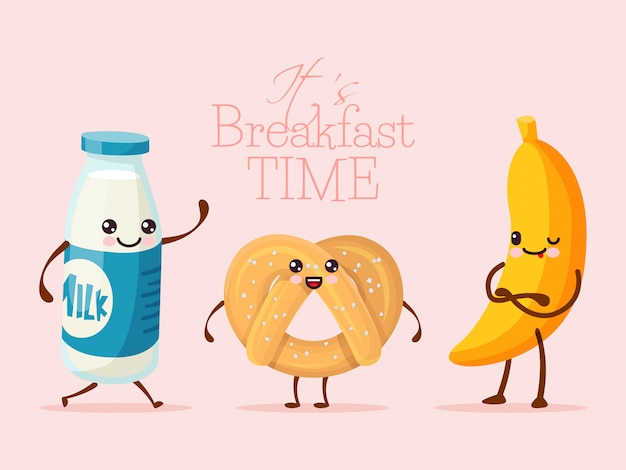 朝食の面白い漫画のキャラクター バナナの果実 甘いクッキービスケット 牛乳のガラス瓶のイラスト 描かれた人は手を握ってください プレミアムベクター