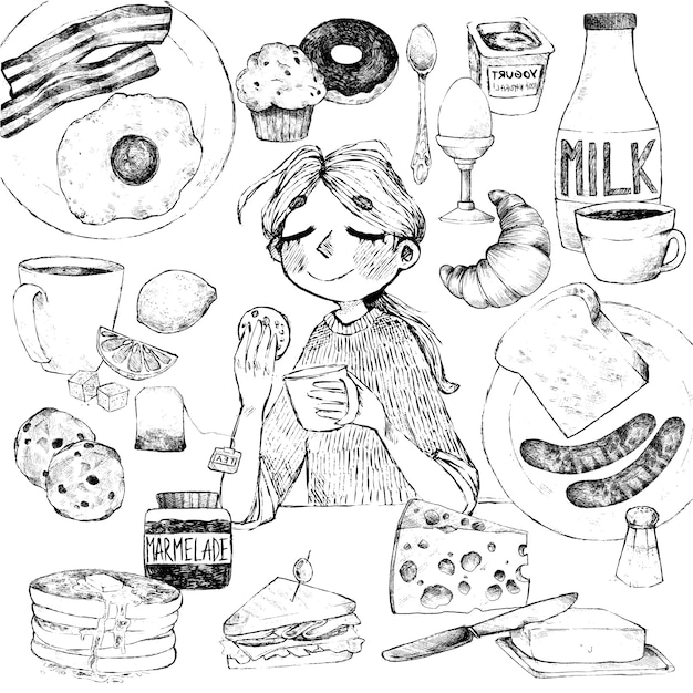 Premium Vector Breakfast Hand Drawing Of Food And Beverages The Girl Has Breakfast