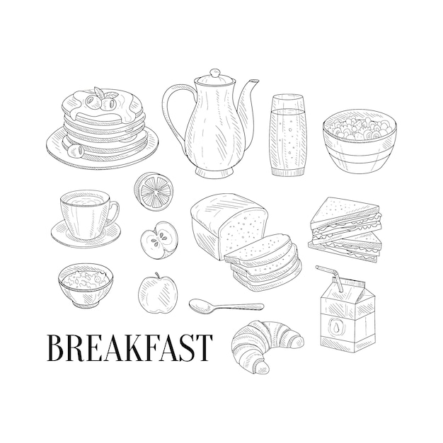 Premium Vector | Breakfast Related Isoated Food Items Hand Drawn