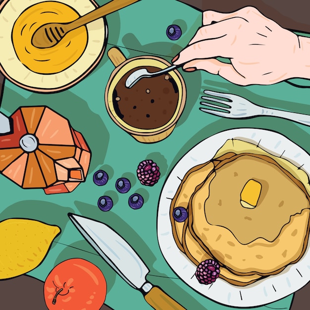 朝食のトップビュー ランチョンと正方形のイラスト ヘルシーで新鮮なブランチコーヒー パンケーキ フルーツ カラフルな手描きイラスト プレミアムベクター