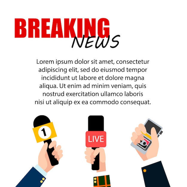 Premium Vector Breaking News With Text Template And Set Of Microphone Hands Of Journalists With Microphones And Tape Recorders Media Tv And Interview Information For Television