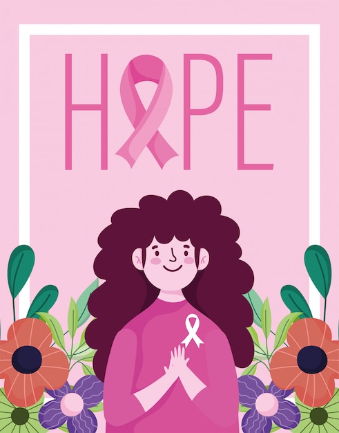 乳がん啓発月間女性希望花とリボンベクターデザインとイラストをレタリング プレミアムベクター
