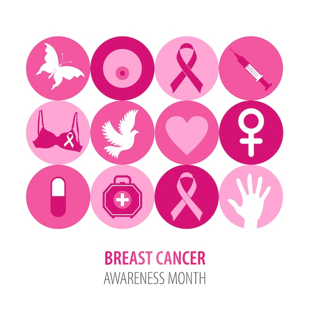 乳がんシンボルリボンとピンクのアイコンのイラスト プレミアムベクター