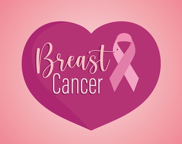乳がんのテキストとハートピンクの背景イラストのリボン プレミアムベクター