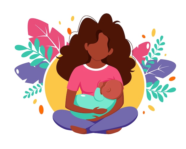 母乳育児のコンセプトです 黒人女性の葉の背景に胸で授乳します フラットスタイルのイラスト プレミアムベクター