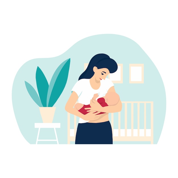 母乳育児のイラスト 母親の乳房を自宅で赤ちゃんの授乳室の背景にベビーベッド 観葉植物 フレーム 漫画のスタイルの概念図 プレミアムベクター