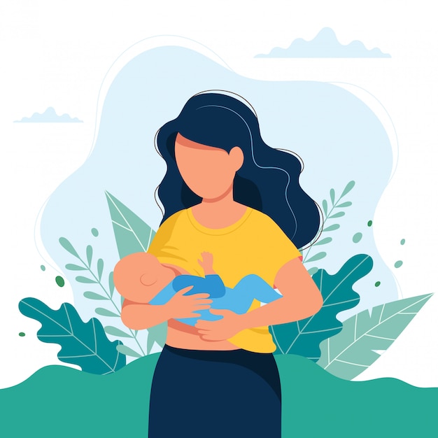 Breastfeeding illustration, mother feeding a baby with breast on natural background Premium Vector