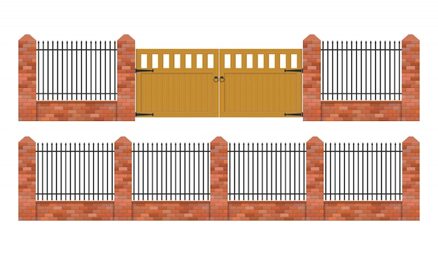 プレミアムベクター 白い背景に分離された木製のゲートのイラストがレンガの塀