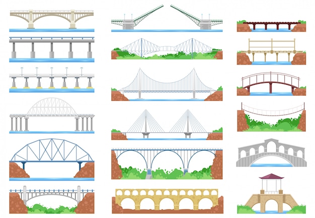 橋都市クロスオーバーアーキテクチャと交通イラストの橋建設白い背景の上の車道と川橋建物の橋のセット プレミアムベクター