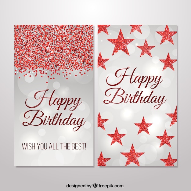 Bright birthday card with red stars and\
glitter