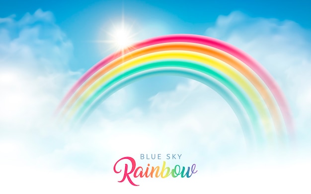 美しい虹 背景のデザインと明るい青空 プレミアムベクター