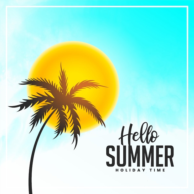 Bright hello summer palm tree and sun background Free Vector
