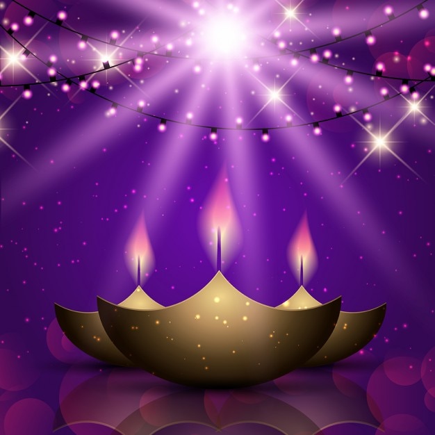 Bright purple background with three candles for\
diwali