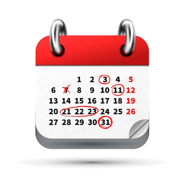 Bright realistic icon of month calendar with red marks on dates
