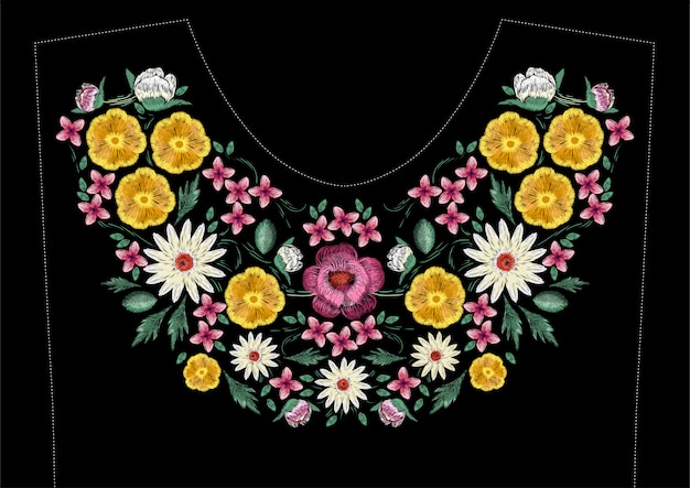 花柄の鮮やかなサテンステッチ刺繍デザイン ドレスラインのフォークライン花柄トレンディパターン 黒い背景に首の民族のカラフルなファッション飾り プレミアムベクター