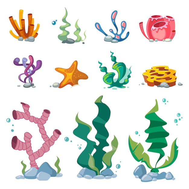 Premium Vector | Bright seaweeds aquarium decoration cartoon vector set ...