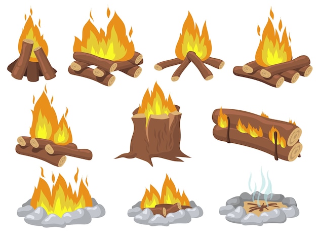 明るい木のキャンプファイヤーと焚き火のフラットアイテムセット 孤立したベクトルイラストコレクションをキャンプするための漫画の火 旅行と冒険の概念 無料のベクター