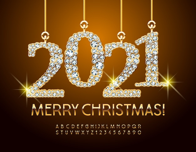 Premium Vector | Brilliant greeting card merry christmas 2021. gold alphabet letters and numbers