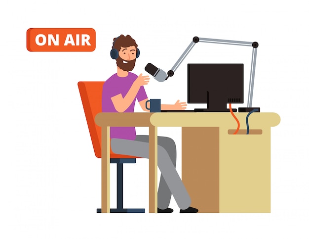 Broadcast in radio studio. broadcasting person with microphone and headphones. cartoon vector illust