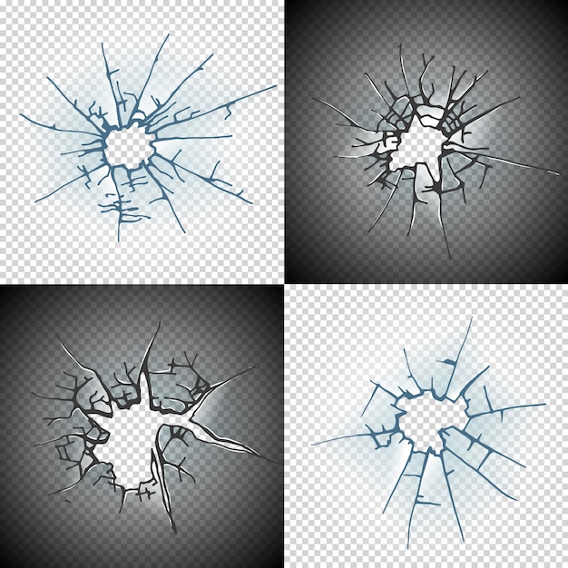 壊れた窓ガラスやドアのひびの入った穴リアルな透明ガラスの分離 プレミアムベクター