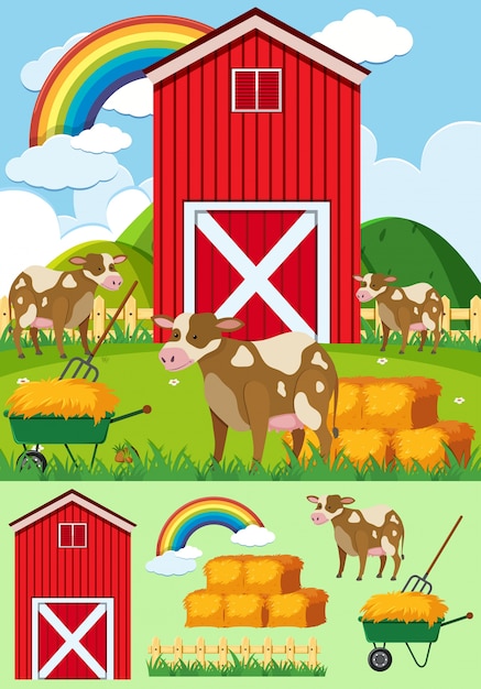 Brown Cows And Red Barn On The Farm Vector Premium Download