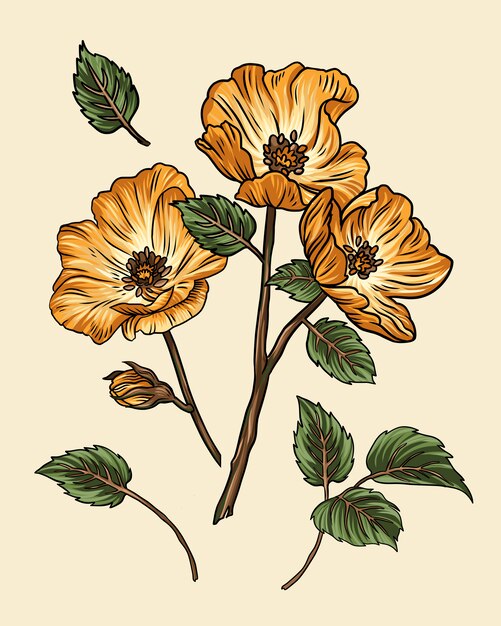 詳細なベクトルラインアートと茶色の花の素朴なイラスト プレミアムベクター