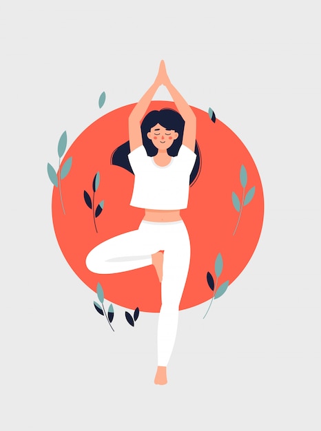 Premium Vector | Brunette cute woman doing yoga in tree pose