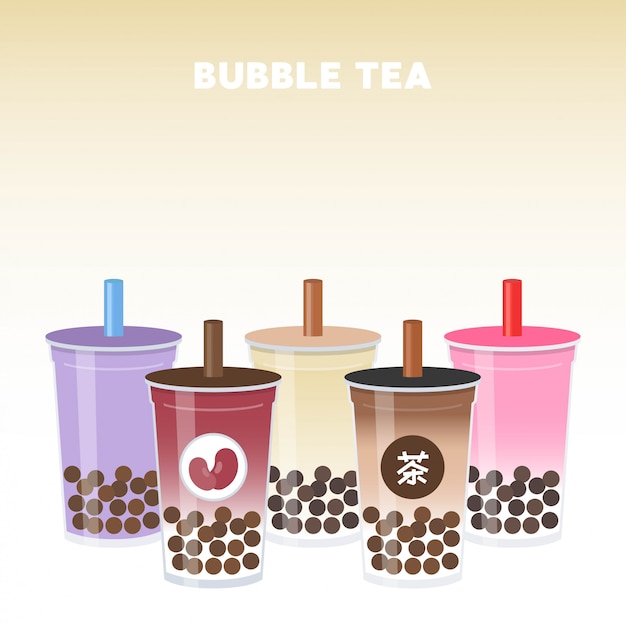 Bubble tea or pearl milk tea set vector illustration Premium Vector