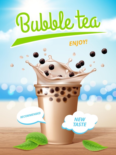 Premium Vector Bubble tea poster flowing milk delicious tapioca