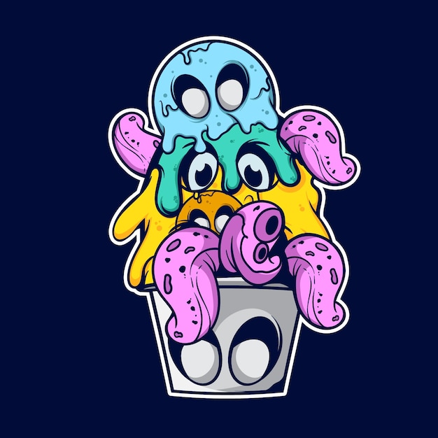 Premium Vector | A bucket of doodle melted monster with the tentacle