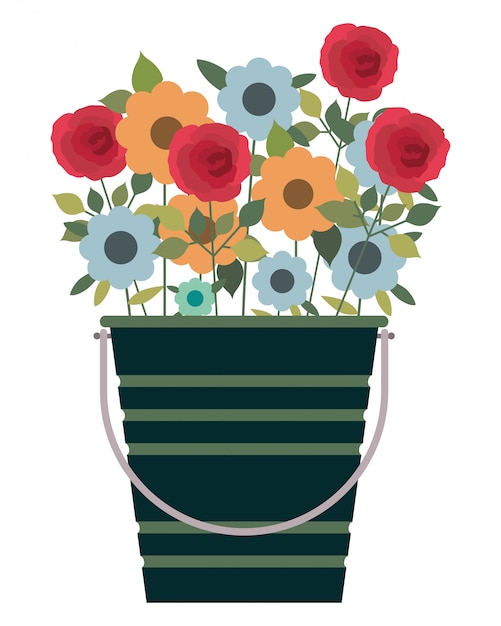 Premium Vector | Bucket with beautiful flowers isolated icon