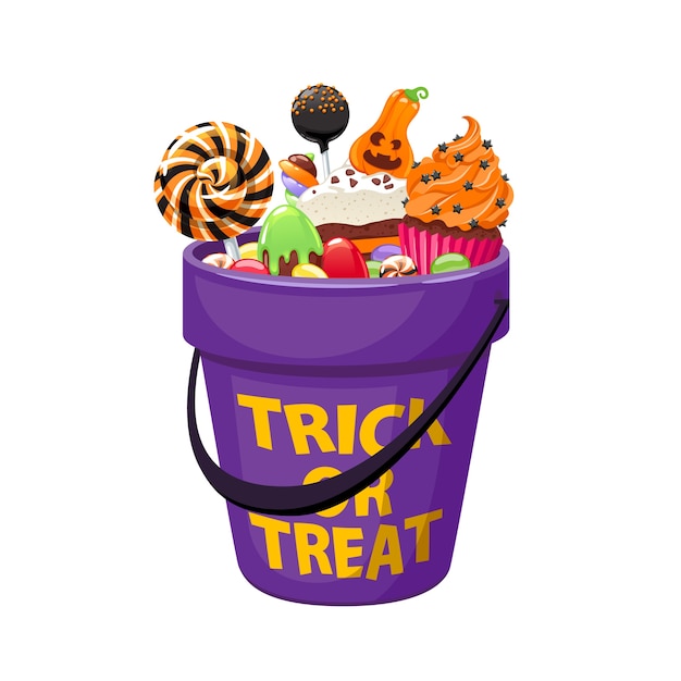 Premium Vector | Bucket with halloween sweets and candies