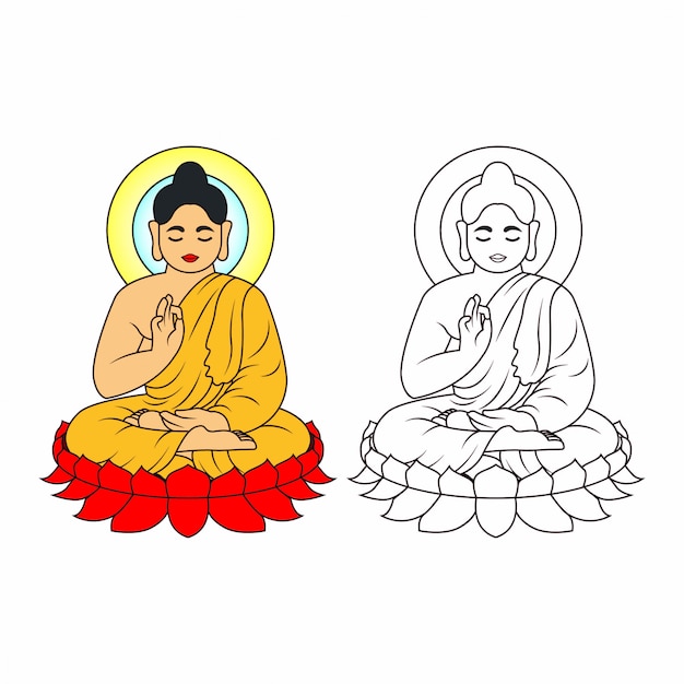 プレミアムベクター 仏の線画 座っているか瞑想の仏像イラスト